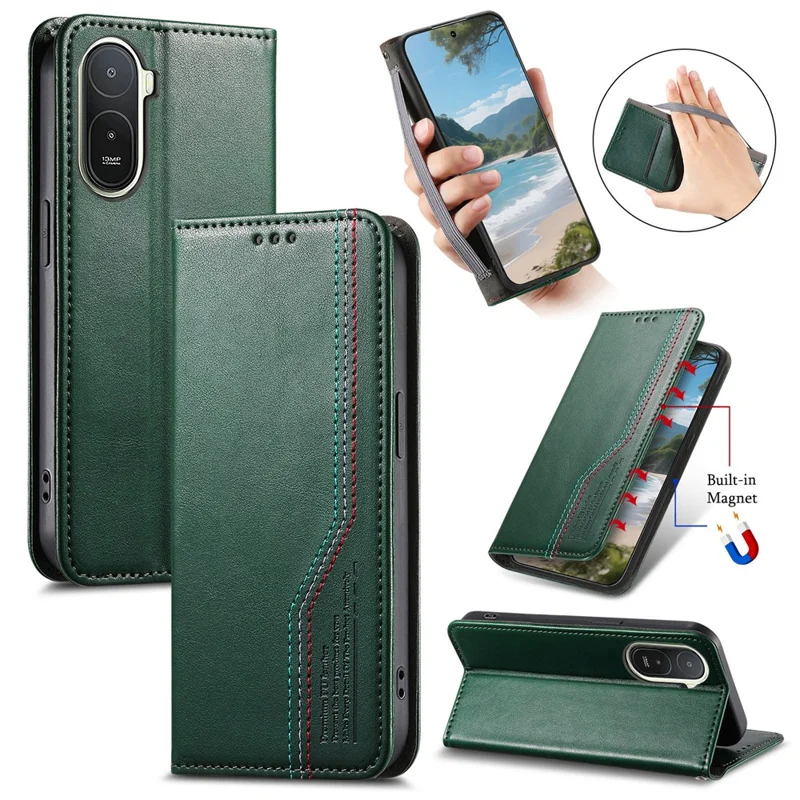 For Xiaomi Redmi A7 Pro 5G Case Wallet Tri-Color Stitching Leather Phone Cover with Elastic Wristband - Green