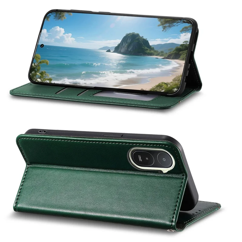 For Xiaomi Redmi A7 Pro 5G Case Wallet Tri-Color Stitching Leather Phone Cover with Elastic Wristband - Green