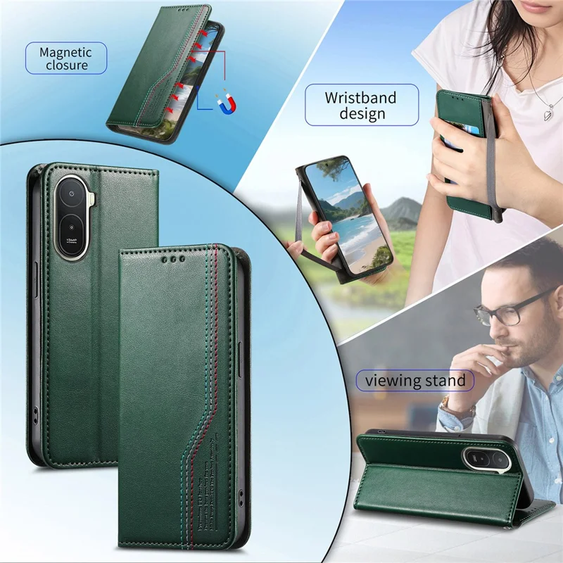 For Xiaomi Redmi A7 Pro 5G Case Wallet Tri-Color Stitching Leather Phone Cover with Elastic Wristband - Green