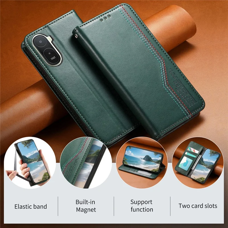 For Xiaomi Redmi A7 Pro 5G Case Wallet Tri-Color Stitching Leather Phone Cover with Elastic Wristband - Green