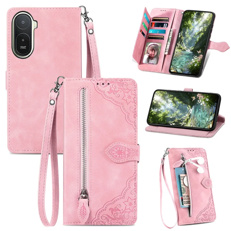 For Xiaomi Redmi A7 Pro 5G Zipper Wallet Case with Strap Flower Imprint PU Leather Phone Cover - Pink