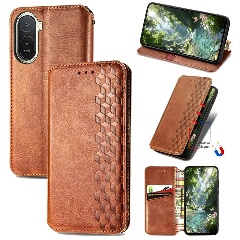 For Xiaomi Redmi A7 Pro 5G Case Rhombus Imprint PU Leather Wallet Phone Cover - Brown