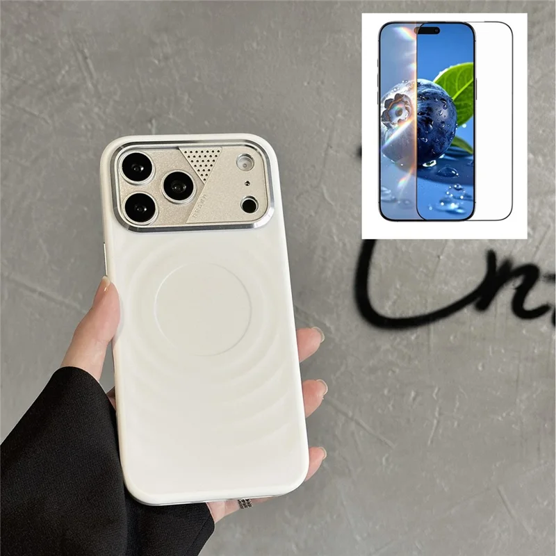For iPhone 17 Pro Magnetic Case Ripple Texture Shockproof TPU Phone Cover with Tempered Glass Screen Protector - White