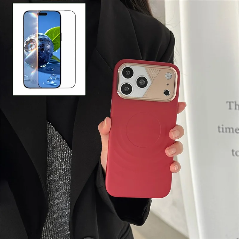 For iPhone 17 Pro Max Magnetic Case Ripple Texture Shockproof TPU Phone Cover with Tempered Glass Screen Protector - Red