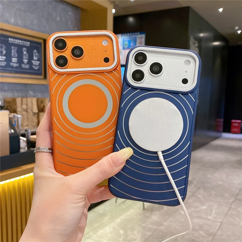 For iPhone 17 Pro Magnetic Case Frosted Wave Texture PC + TPU Phone Cover with Tempered Glass Screen Protector - Orange