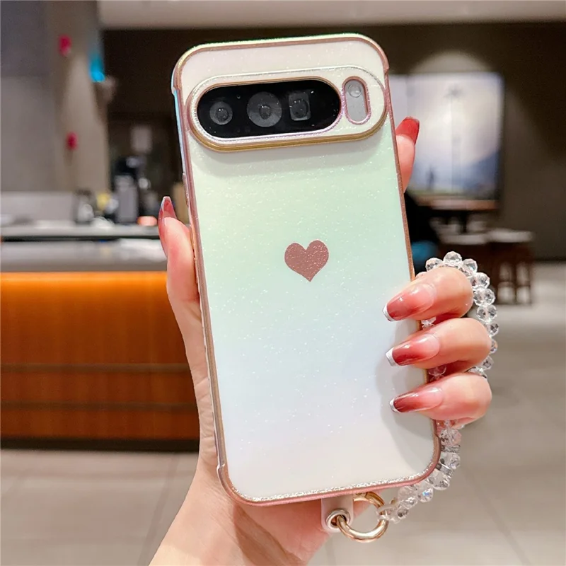 For Google Pixel 9 Pro XL Case Heart Pattern Iridescent Gradient TPU Phone Cover with Beaded Strap - Colorful White