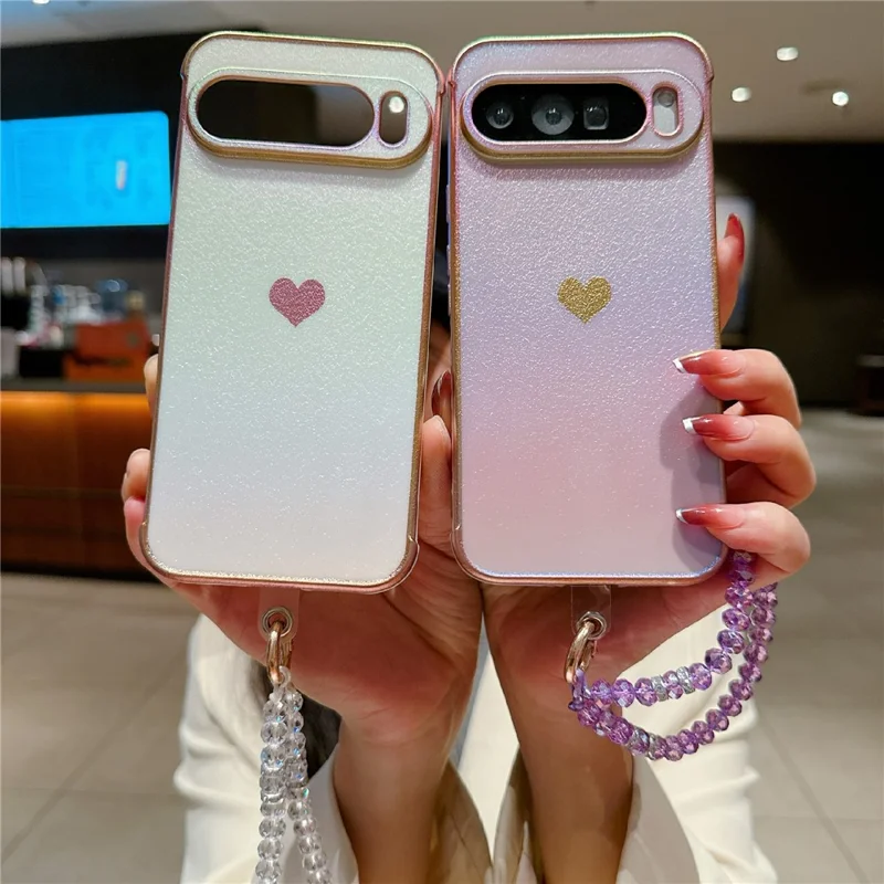 For Google Pixel 9 Pro XL Case Heart Pattern Iridescent Gradient TPU Phone Cover with Beaded Strap - Colorful White