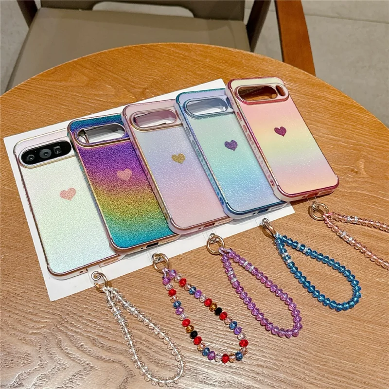 For Google Pixel 9 Pro XL Case Heart Pattern Iridescent Gradient TPU Phone Cover with Beaded Strap - Colorful White