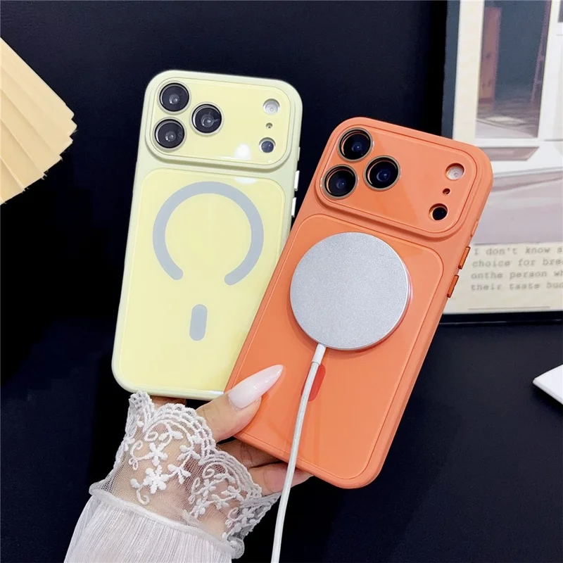 For iPhone 17 Pro Max Magnetic Case TPU Acrylic Tempered Glass Back Panel Protective Phone Cover - Orange