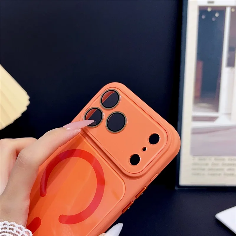 For iPhone 17 Pro Max Magnetic Case TPU Acrylic Tempered Glass Back Panel Protective Phone Cover - Orange