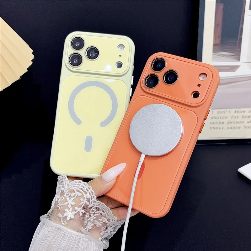 For iPhone 17 Pro Magnetic Case TPU Acrylic Tempered Glass Back Panel Protective Phone Cover - Orange