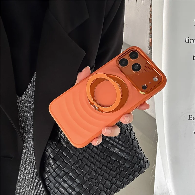 For iPhone 17 Pro Magnetic Case Kickstand Ripple Texture TPU Phone Cover with Tempered Glass Screen Protector - Orange