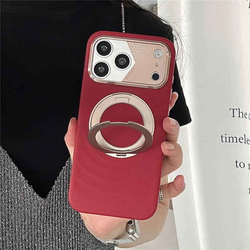 For iPhone 17 Pro Magnetic Case Kickstand Ripple Texture TPU Phone Cover with Tempered Glass Screen Protector - Orange