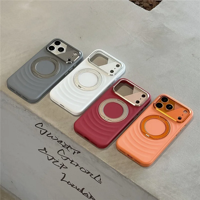 For iPhone 17 Pro Magnetic Case Kickstand Ripple Texture TPU Phone Cover with Tempered Glass Screen Protector - Orange