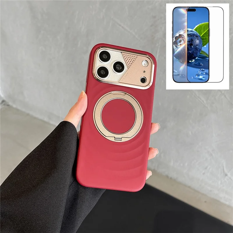 For iPhone 17 Pro Max Magnetic Case Kickstand Ripple Texture TPU Phone Cover with Tempered Glass Screen Protector - Red