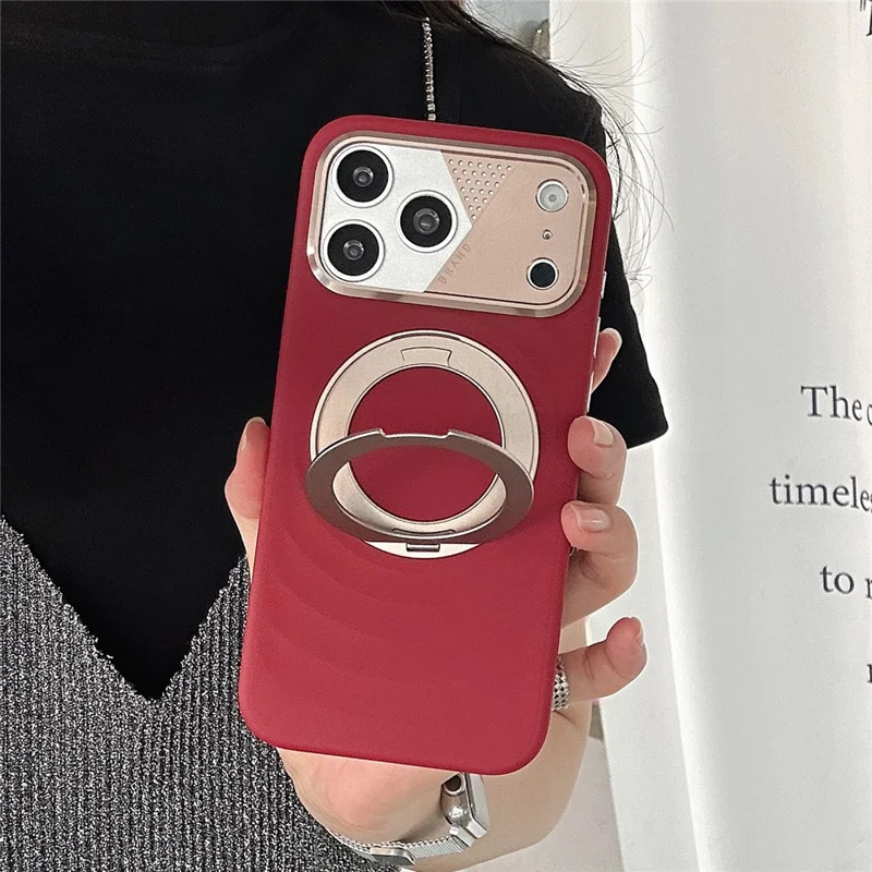 For iPhone 17 Pro Max Magnetic Case Kickstand Ripple Texture TPU Phone Cover with Tempered Glass Screen Protector - Red