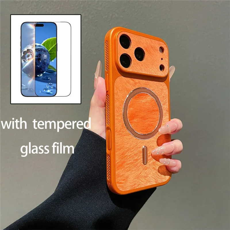 For iPhone 17 Pro Max Magnetic Case Matte PC + TPU Heat Dissipation Phone Cover with Tempered Glass Screen Protector - Orange