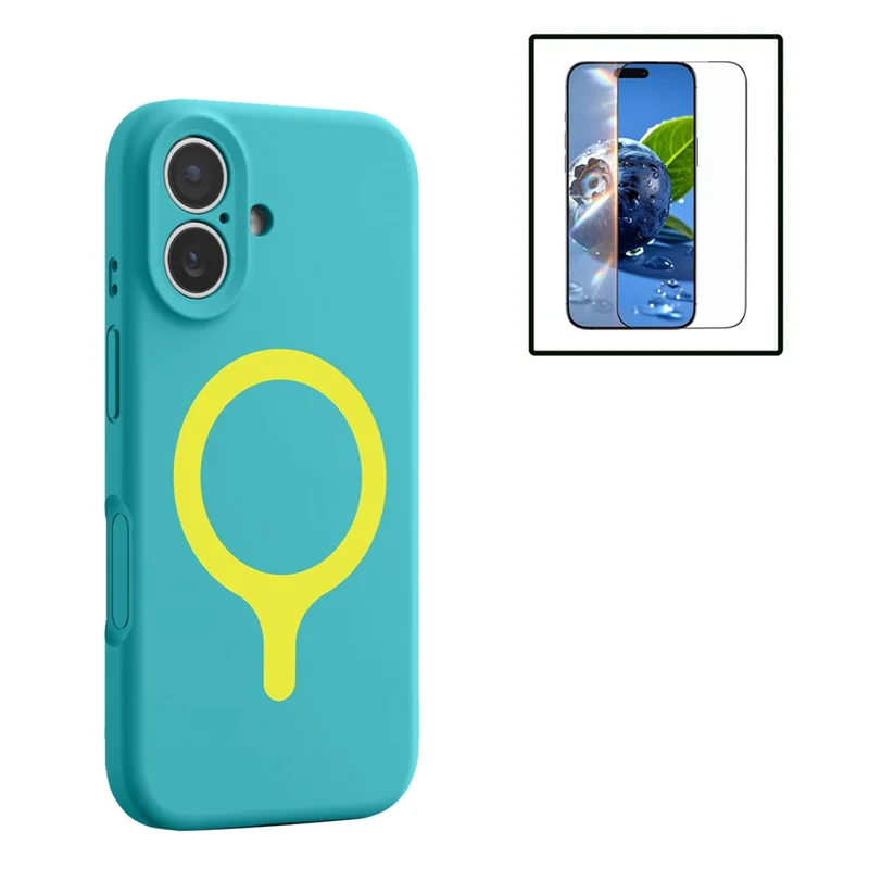 For iPhone 16 Magnetic Case Liquid Silicone Anti Scratch Phone Cover with Tempered Glass Screen Protector - Mint Blue