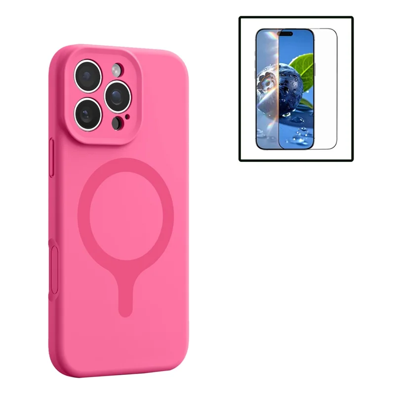 For iPhone 16 Pro Magnetic Case Liquid Silicone Anti Scratch Phone Cover with Tempered Glass Screen Protector - Blossoming Pink