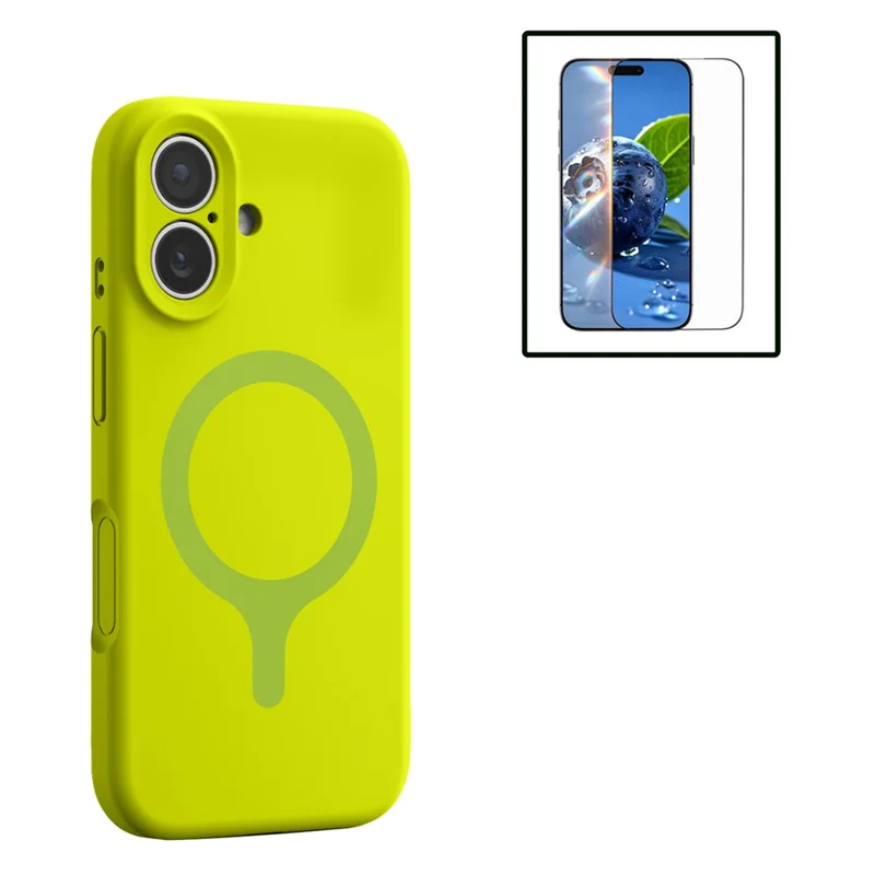For iPhone 17 Magnetic Case Liquid Silicone Anti Scratch Phone Cover with Tempered Glass Screen Protector - Avocado Green