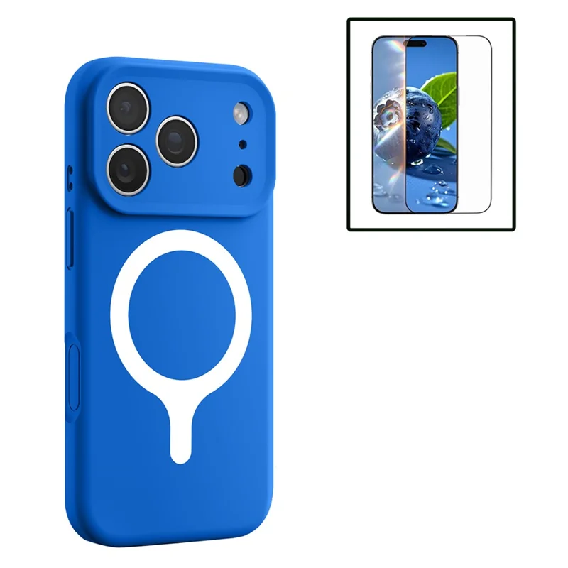 For iPhone 17 Pro Magnetic Case Liquid Silicone Anti Scratch Phone Cover with Tempered Glass Screen Protector - Mediterranean Blue