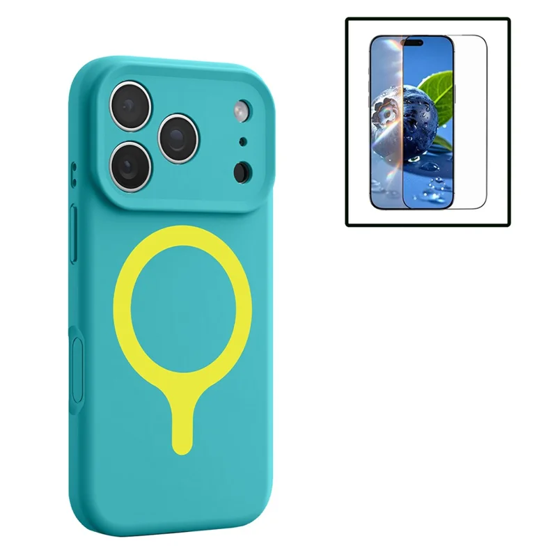 For iPhone 17 Pro Max Magnetic Case Liquid Silicone Anti Scratch Phone Cover with Tempered Glass Screen Protector - Mint Blue