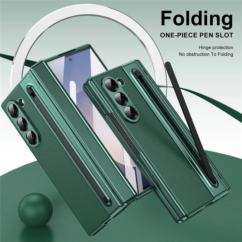 For Samsung Galaxy Z Fold6 5G Case Matte Electroplated Leather + PC Phone Cover with Screen Film / Stylus - Green