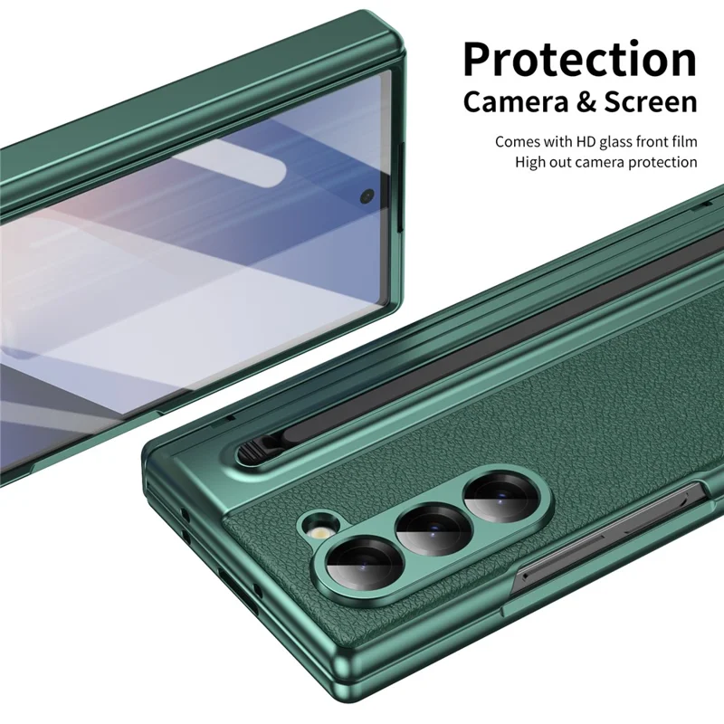 For Samsung Galaxy Z Fold6 5G Case Matte Electroplated Leather + PC Phone Cover with Screen Film / Stylus - Green