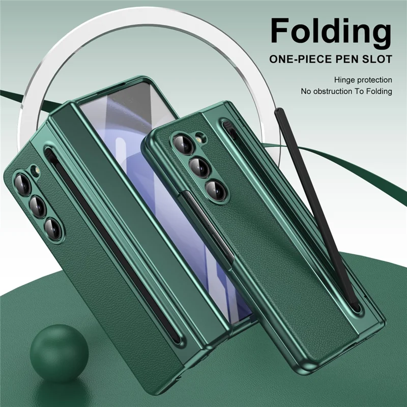 For Samsung Galaxy Z Fold5 5G Case Matte Electroplated Leather + PC Phone Cover with Screen Film / Stylus - Green