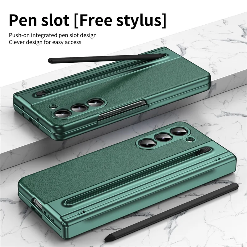 For Samsung Galaxy Z Fold5 5G Case Matte Electroplated Leather + PC Phone Cover with Screen Film / Stylus - Green