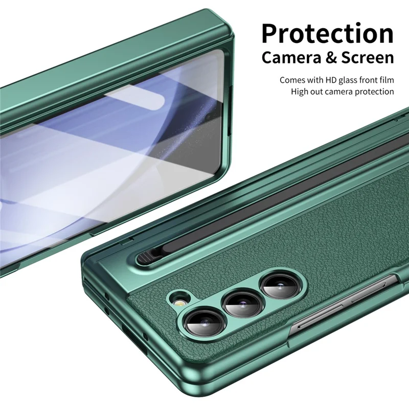 For Samsung Galaxy Z Fold5 5G Case Matte Electroplated Leather + PC Phone Cover with Screen Film / Stylus - Green