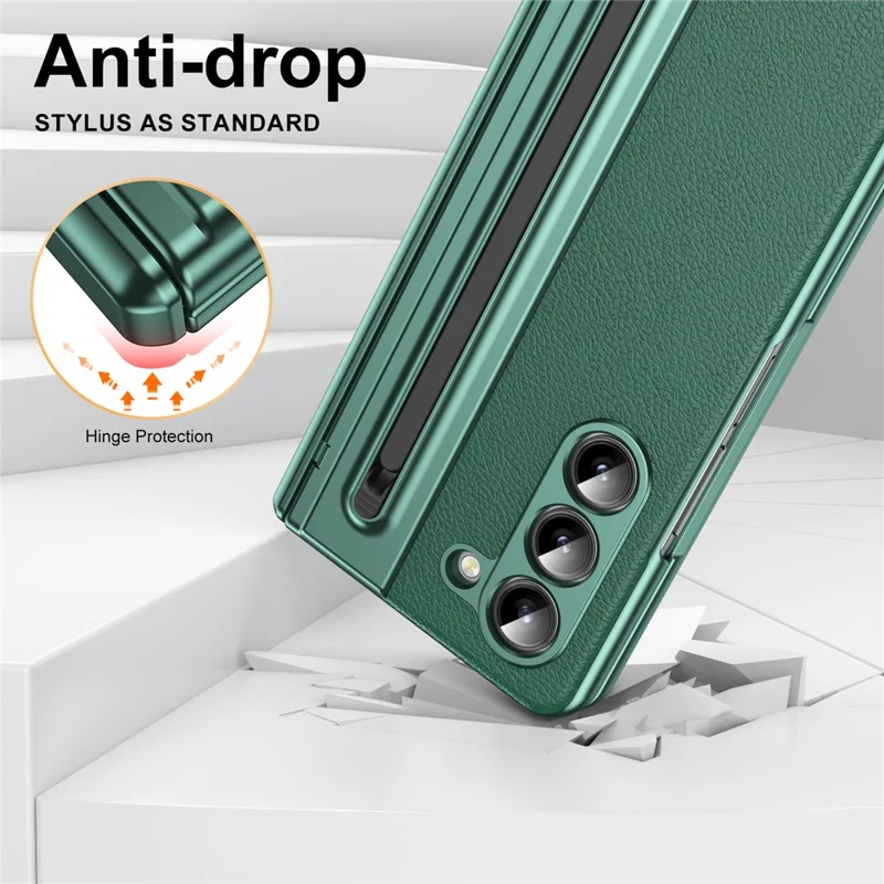 For Samsung Galaxy Z Fold5 5G Case Matte Electroplated Leather + PC Phone Cover with Screen Film / Stylus - Green