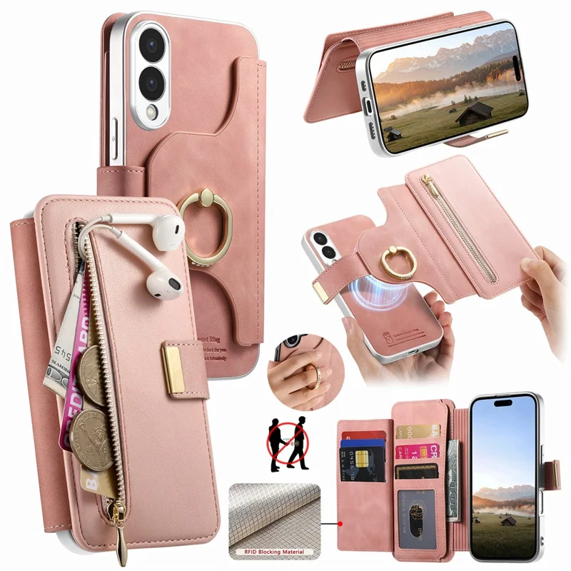 For Samsung Galaxy S25 Edge Case RFID Blocking Detachable Magnetic Leather Phone Cover with Ring Holder - Pink