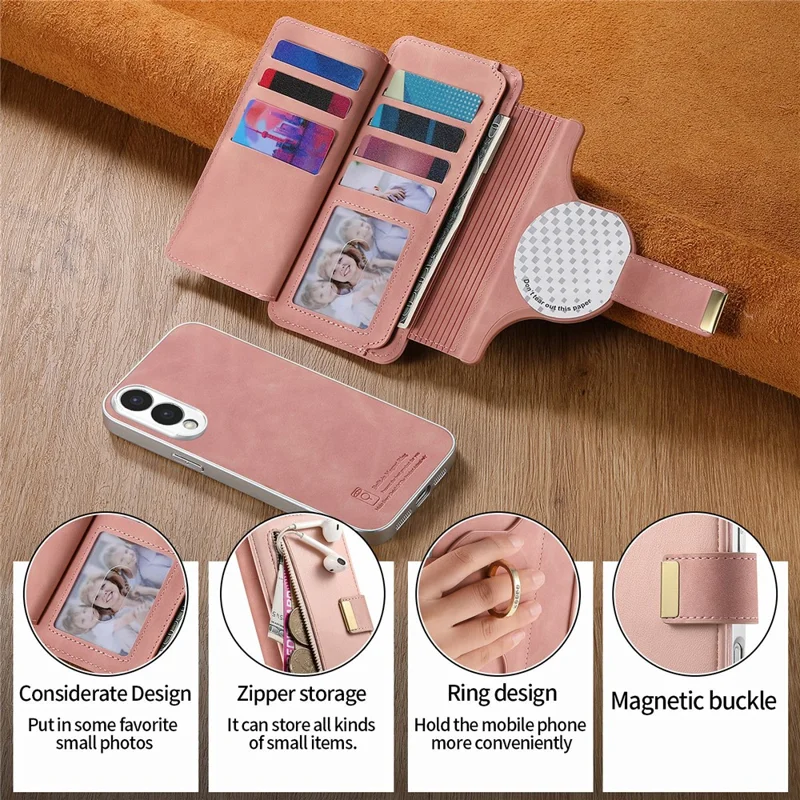 For Samsung Galaxy S25 Edge Case RFID Blocking Detachable Magnetic Leather Phone Cover with Ring Holder - Pink