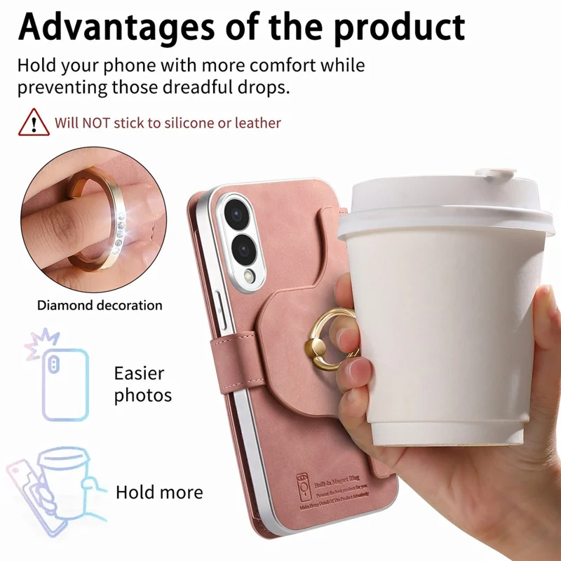 For Samsung Galaxy S25 Edge Case RFID Blocking Detachable Magnetic Leather Phone Cover with Ring Holder - Pink