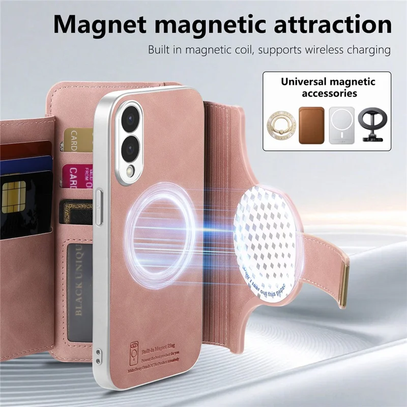 For Samsung Galaxy S25 Edge Case RFID Blocking Detachable Magnetic Leather Phone Cover with Ring Holder - Pink
