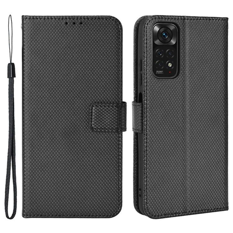 For Xiaomi Redmi Note 11 4G (Qualcomm) / Redmi Note 11S  4G Diamond Texture PU Leather Folio Case Stand Wallet Magnetic Flip Phone Cover with Strap - Black