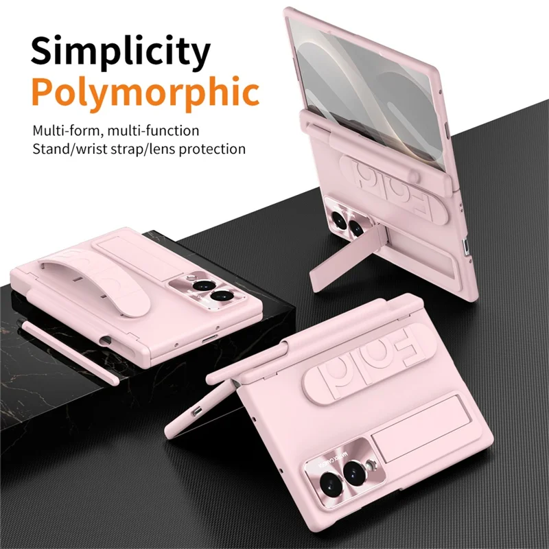 Cover per Samsung Galaxy Z Fold 8, custodia rigida con supporto, cinturino da polso, scomparto per penna stilo - Rosa