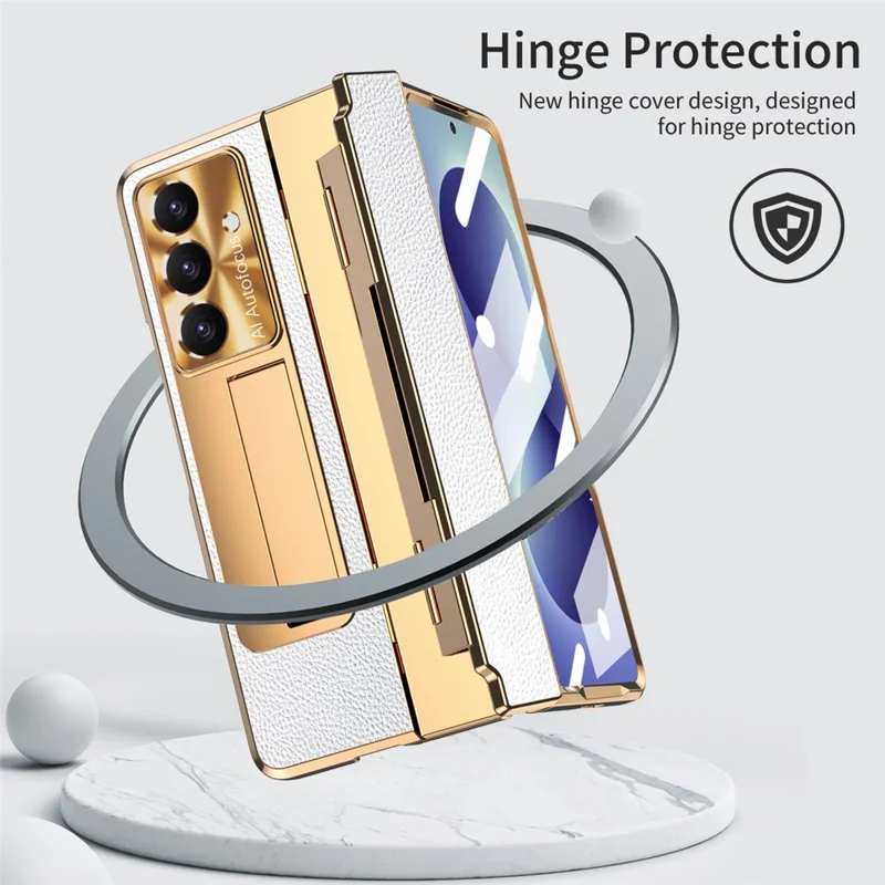 For Samsung Galaxy Z Fold8 Ultra Case Hinge Protection Leather + PC Shockproof Cover with Screen Protector - White