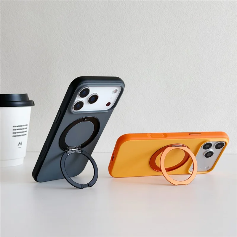 For iPhone 17 Pro Max Magnetic Case 2-in-1 Dual Color Shockproof Cover with 360° Rotating Ring Kickstand - Orange