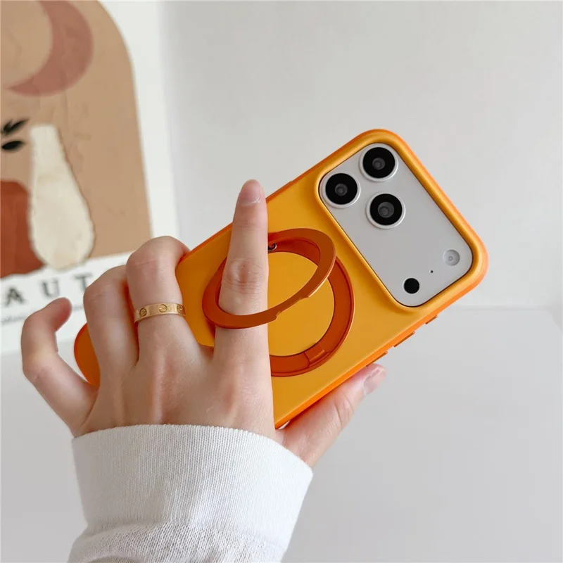 For iPhone 17 Pro Max Magnetic Case 2-in-1 Dual Color Shockproof Cover with 360° Rotating Ring Kickstand - Orange