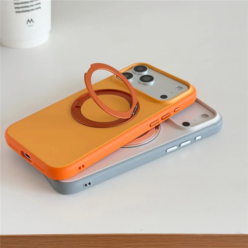 For iPhone 17 Pro Max Magnetic Case 2-in-1 Dual Color Shockproof Cover with 360° Rotating Ring Kickstand - Orange