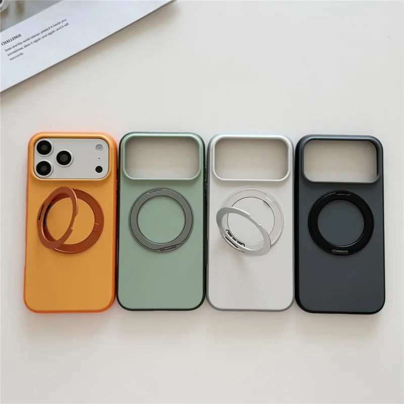 For iPhone 17 Pro Max Magnetic Case 2-in-1 Dual Color Shockproof Cover with 360° Rotating Ring Kickstand - Orange