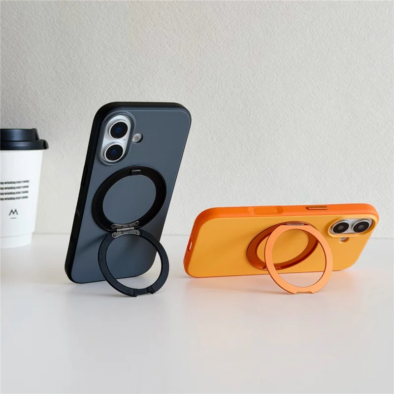 For iPhone 16 Magnetic Case 2-in-1 Dual Color Shockproof Cover with 360° Rotating Ring Kickstand - Orange