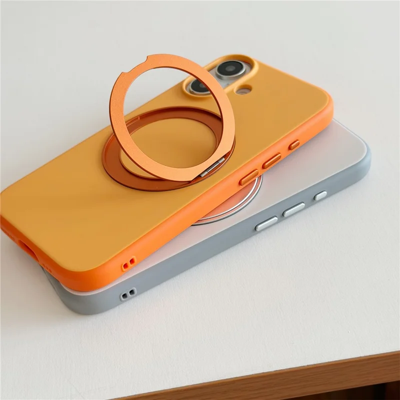 For iPhone 16 Magnetic Case 2-in-1 Dual Color Shockproof Cover with 360° Rotating Ring Kickstand - Orange
