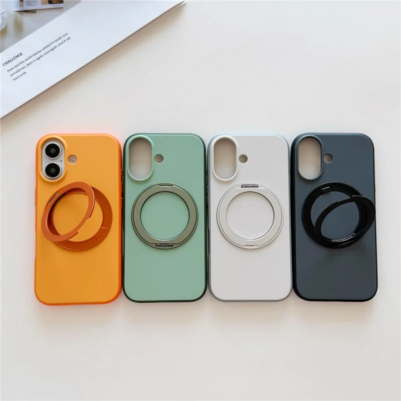 For iPhone 16 Magnetic Case 2-in-1 Dual Color Shockproof Cover with 360° Rotating Ring Kickstand - Orange