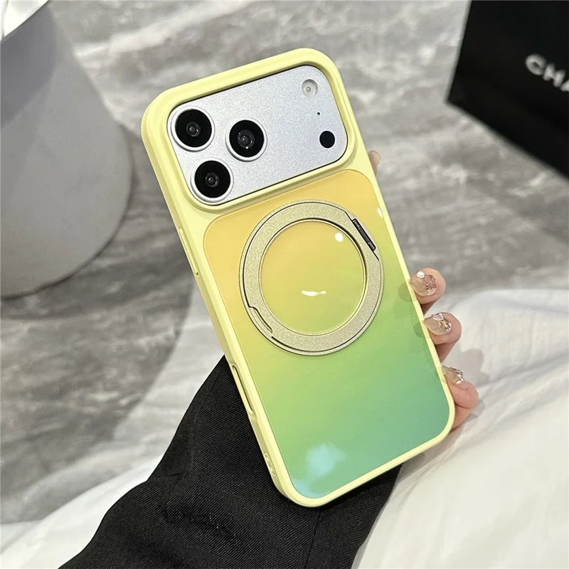 Capa para iPhone 17 Pro Max com Suporte de Anel Magnético Rotativo e Gradiente PC + TPU - Amarelo Verde