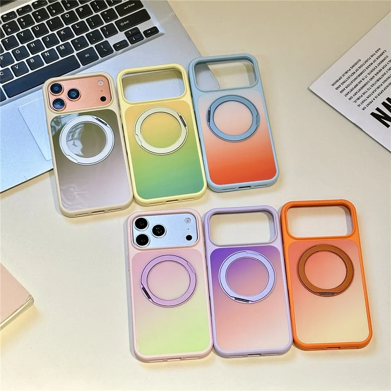 Capa para iPhone 17 Pro Max com Suporte de Anel Magnético Rotativo e Gradiente PC + TPU - Amarelo Verde