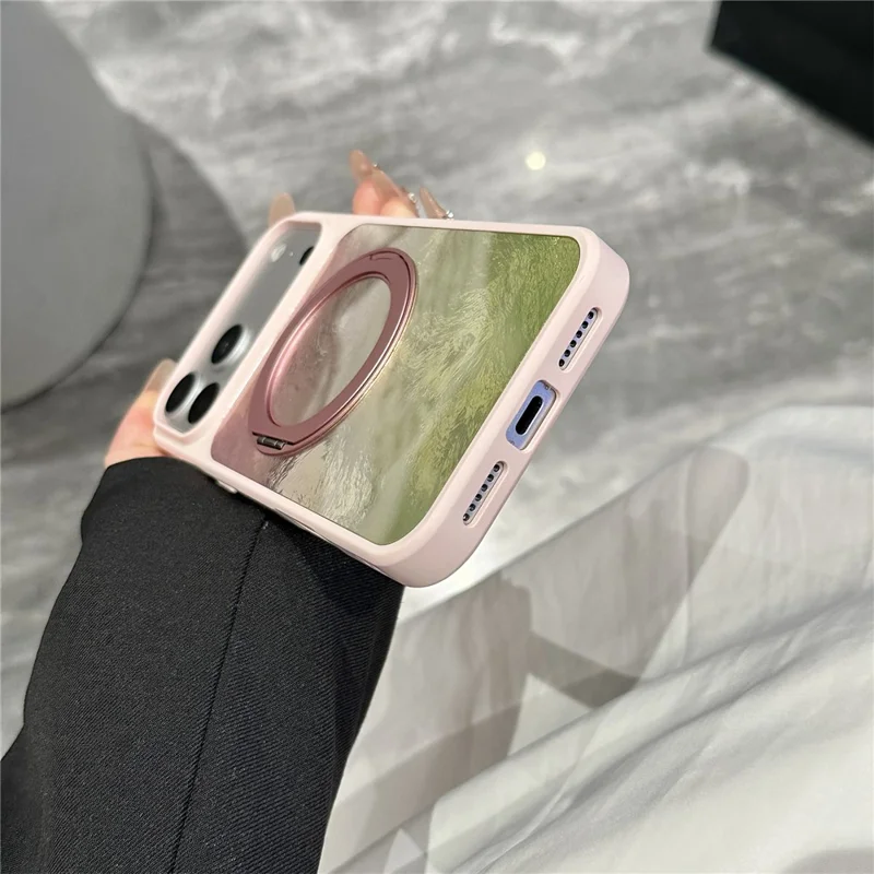 For iPhone 17 Pro Case Magnetic Rotating Kickstand Glacier Texture PC + TPU Phone Cover - Pink Green