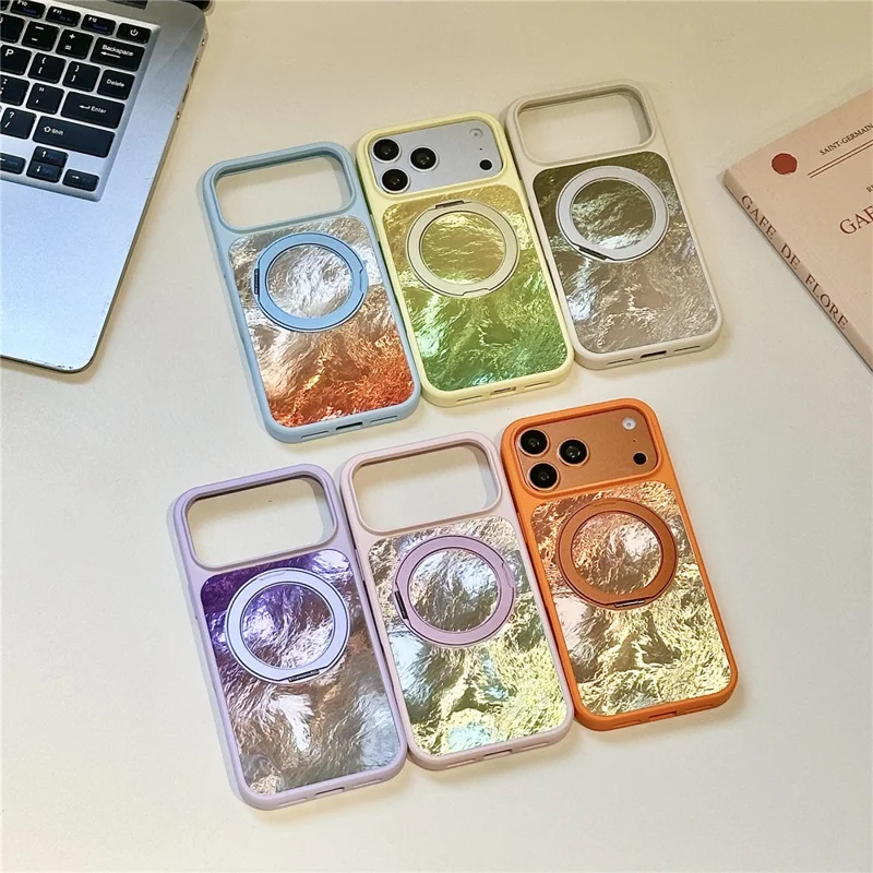 Capa para iPhone 17 Pro Max com Suporte Giratório Magnético, Textura Glaciar, Capa em PC + TPU - Rosa Verde